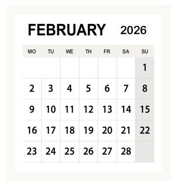 Takvim planlayıcısı 26 Şubat Pazartesi günü başlıyor. vektör çizimi tasarımı.