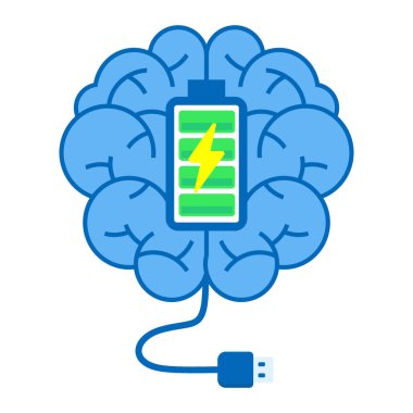 Yaratıcılık ve enerji gücünü ifade eden şarj edilmiş pil sembollü beyin, teknoloji, üretkenlik ve yenilik projeleri için ideal.