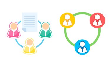 İşbirliği ve ağ oluşturma grafikleri, dokümanları değiş tokuş eden bir dairede renkli insan simgelerini gösteriyor, iş kavramları için mükemmel..