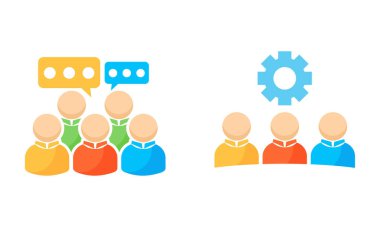 Sohbet baloncukları ve vites simgeleriyle fikirleri tartışan insanlar, modern iş yeri veya iş projelerinde takım çalışmasını, liderliği ve iletişimi sembolize ediyorlar..