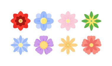 İlkbahar, çiçek ve doğayı temsil eden sekiz renkli, sevimli ve basit çiçek ikonu seti, uygulamalar, web siteleri, eğitim veya tebrik kartı dekorasyonu için mükemmel.