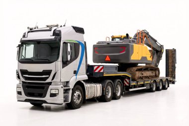 Ağır Nakliye Aracı, Sarı Kazıcı 'yı Lowboy Trailer' da taşıyor.