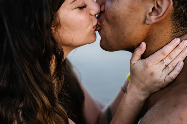 Anonymous African American Male Traveler Kissing Sincere Female Partner Standing — Stock Photo, Image