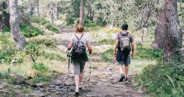 Back View Anonymous Backpackers Walking Mountain Summer Trip — Stockfoto