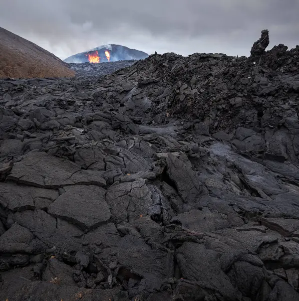 Close Solidified Magma Rivers Volcano Fagradalsfjall Iceland Cloudy Day — Stock Photo, Image