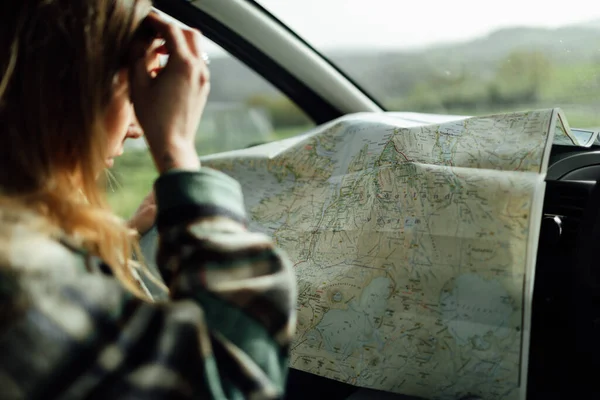 Side View Cropped Focused Female Tourist Looking Route Map While — 图库照片