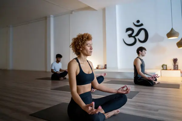 African American Woman Group Diverse People Sitting Lotus Pose Closed — Stock Photo, Image