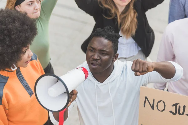 African American Male Screaming Megaphone Black Lives Matter Protest City — ストック写真