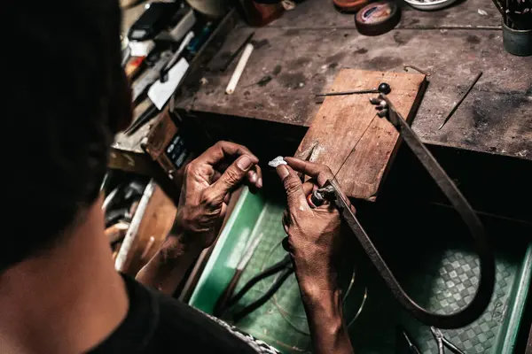 Faceless Craftsman Holding Metal Piercing Saw Piece Silver While Working — Stock Fotó