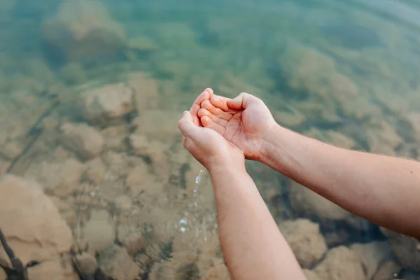 Cropped Unrecognizable Person Hands Holding Water Transparent Lake — Stock Photo, Image