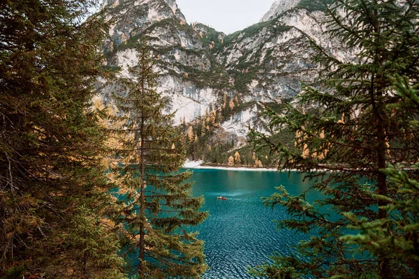 Vue Automne Sur Lac Braies Dans Les Dolomites — Photo