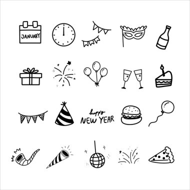 Şirin Yeni Yıl Doodle Simgesi Yapıştırma Seti, El Çizimi Kutlama Resimleri
