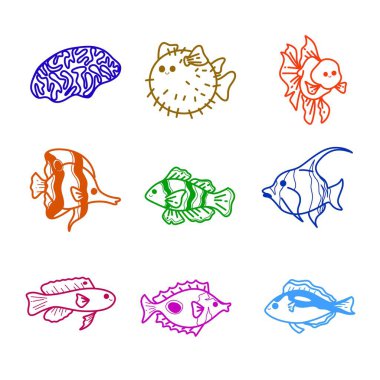 Okyanus Balığı Çizgisi Sanat Vektörü İllüstrasyonu Kirpi Balığı ve Su Altında Çocuk Boyama Kitabı Deniz Hayatı Tasarımı