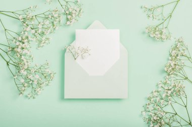 Narin beyaz çigila çiçekleri, açık yeşil bir zarf ve yeşil arka planda boş bir kart. Düz kompozisyon. Tebrik kartı, davet.