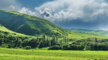 Yeşil dağ manzarası. Yeşil dağların üzerinde dramatik gri gökyüzü.