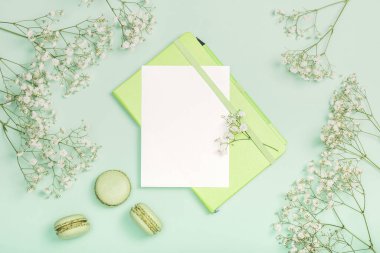 Düz kompozisyon, boş kart, yeşil defter, badem kurabiyesi ve açık yeşil arka planda çingene. Şık bir kadın işyeri. Kartpostal Davet