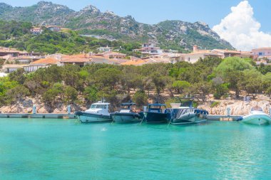 07.04.25, Porto Cervo, İtalya. Arka planda kıyı kasabası olan sakin turkuaz körfezde demirli küçük tekneler. Yaz tatili, deniz tatili ve deniz hayatı.