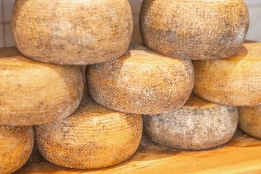 Geleneksel peynir dükkanında bir yığın eski peynir tekerleği. Esnaf süt ürünleri üretimi ve gıda geçmişi