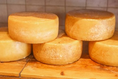 Dükkanda sergilenen peynir tekerlerinin yakın çekimi. Doğal gıda dokusu ve gurme konsepti