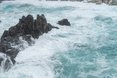 Güçlü deniz dalgaları kara kıyı kayalarına çarpıyor. Doğal enerji, dramatik deniz manzarası ve okyanus arka planı