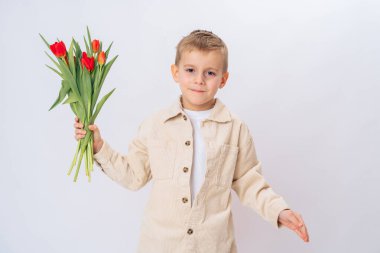 Beyaz arka planda elinde bir buket kırmızı lale tutan tatlı bir çocuk. Bahar çiçekleri, aşk, aile tatili konsepti, kopyalama alanı