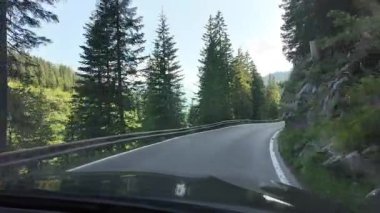 Yoğun ormanda hareket halindeki bir arabadan çekilen kıvrımlı dağ yolu. Huzurlu doğa, seyahat konsepti, manzaralı sürüş ve kırsal atmosfer.