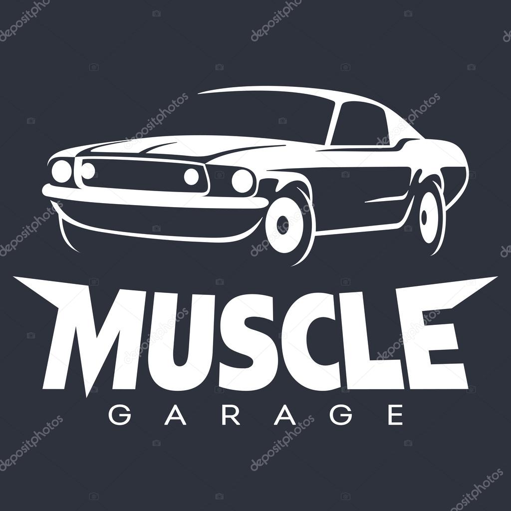 Muscle car garage white logo. Vector illustration isolated on black