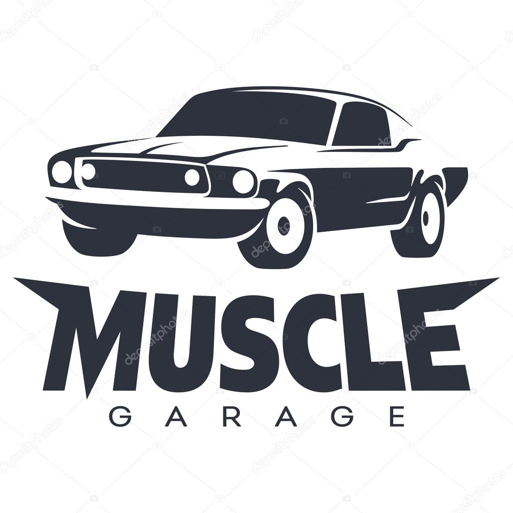 Muscle car garage black logo. Vector illustration isolated on white