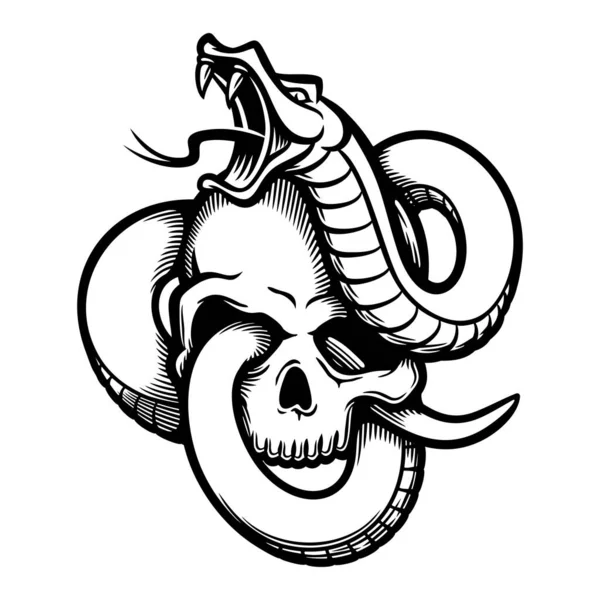 Serpiente entrelazado cráneo humano vintage monocromo aislado vector ilustración — Vector de stock