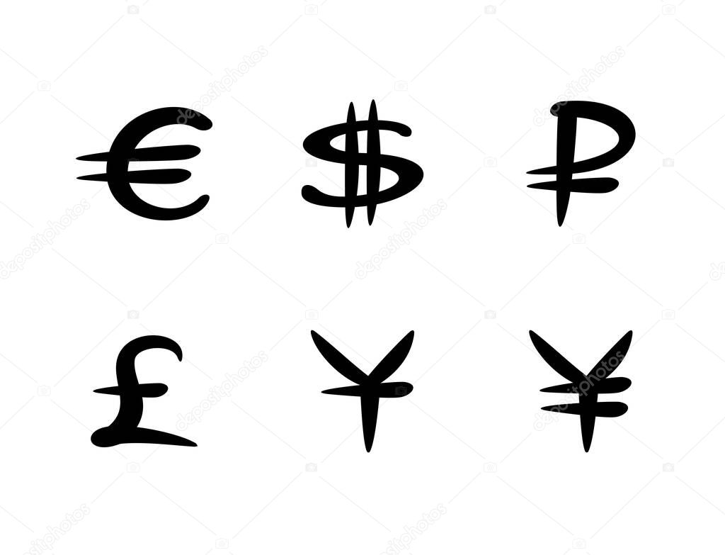 Handwritten money currency symbols icons signs vector illustration
