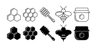 Siyah çizgi simgesi seti: bal, bal tarağı, arı, bal kaşığı, bal kavanozu.