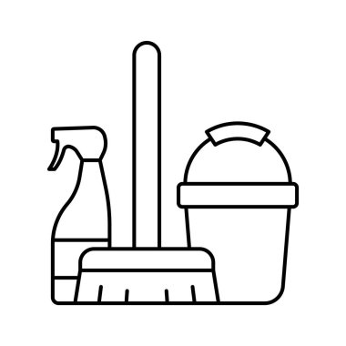 Temizlik aletleri: süpürge, kova, çamaşır suyu. Ev temizliği, temizlik, hijyen ve ev işleri kavramı.
