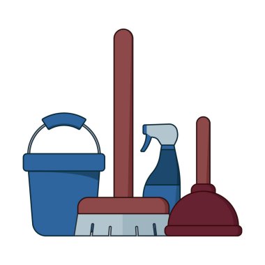 Temizlik aletleri: süpürge, kova, çamaşır suyu, tuvalet pompası. Ev temizliği, temizlik, hijyen ve ev işleri kavramı.