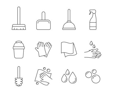 Temizlik aletleri: süpürge, kova, çamaşır suyu, tuvalet pompası, eller, tuvalet fırçası, bezler, damlalar, baloncuklar. Ev temizliği, temizlik, hijyen ve ev işleri kavramı.