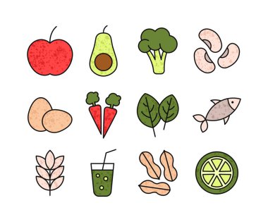 Sağlıklı gıda elementleriyle renklendirilmiş taze meyve, sebze ve tahıl. Diyet, beslenme, organik gıda ve sağlıklı yaşam için mükemmel. Modern biçim illüstrasyonu, pankartlar ve ambalajlar için ideal.