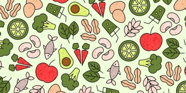 Sağlıklı gıda unsurları olan renkli bir geçmişi var: taze meyve, sebze ve tahıl. Diyet, beslenme, organik gıda ve sağlıklı yaşam için mükemmel. Sancaklar ve ambalajlar için modern biçim illüstrasyonu.