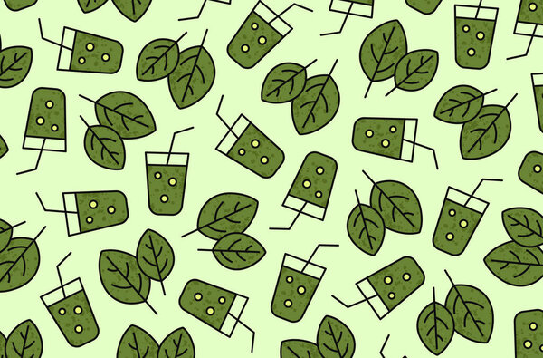 Fresh, natural-looking spinach leaf and spinach drink pattern. Suitable for print, eco-friendly packaging and nutrition-related designs.