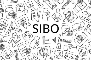 SIBO 'yu temsil eden arka plan (İnce Bağırsak Bakteriyel Aşırı Büyüme). Bağırsak, bağırsak bakterisi, genel belirtiler, teşhis nefes testleri, tedavi ve beslenme yönetimi içerir.