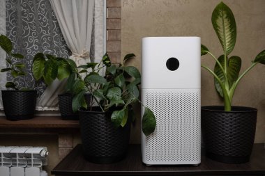 Beyaz bir iç mekan hava temizleyicisinin yakın çekimi. Evde toz ve alerji temizleyicisi var..