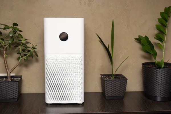 Beyaz bir iç mekan hava temizleyicisinin yakın çekimi. Evde toz ve alerji temizleyicisi var..