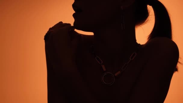 Smycken på halsen av modellen närbild. — Stockvideo