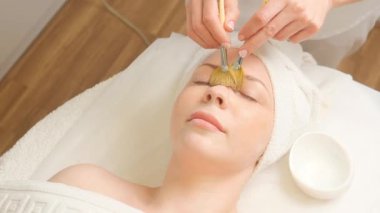 Kadın bir müşteriye besleyici bir yüz maskesi uygulayan güzellik terapisti. Cilt bakımı, rahatlama, sağlık ve cilt bakımı üzerine odaklanmış spa konsepti..