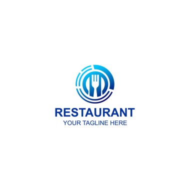 Modern mavi gradyan restoran logosu içinde çatal simgesi olan dairesel bir plaka içeriyor. Temiz geometrik çizgiler yemek veya servis markaları için mükemmel bir yemek sembolü oluşturur..