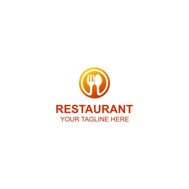 Turuncu gradyan çemberde kaşık ve çatal ikonu olan modern restoran logosu. Temiz, minimal ve profesyonel tasarım yemek, kafe veya yiyecek markası kimliği için idealdir..