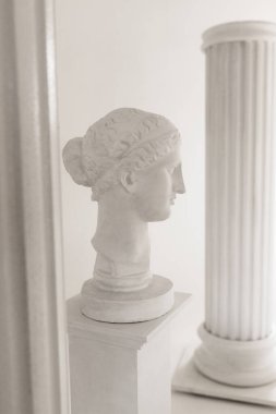 Huzurlu, minimalist bir kompozisyon. Beyaz alçıtaşı başlıklı bir heykel. Antik Yunan tanrıçasının profili. Baskın kare bir kaidede duruyor, klasik flüt mimari sütunlarla çevrili, temiz beyaz bir duvara karşı.