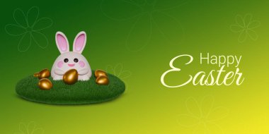 Yatay bayram, mutlu Paskalya 3 boyutlu illüstrasyon. Kompozisyonda, sol tarafındaki parlak altın yumurtalarla çevrili yeşil çimenlerin üzerinde oturan tombul bir çizgi film tavşanı yer alıyor. Tatil tipografisi canlı bir gradyan arkaplandadır