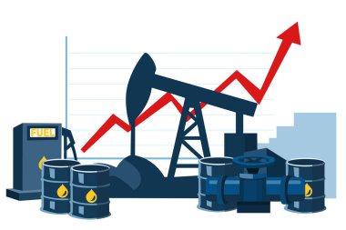Kapsamlı bir finansal enerji kavramının düz vektör çizimi. Bileşimde bir petrol pompası, istiflenmiş fıçılar, bir benzin pompası istasyonu ve vanalı mavi bir boru hattı içeren karmaşık bir sanayi sahnesi yer alıyor.