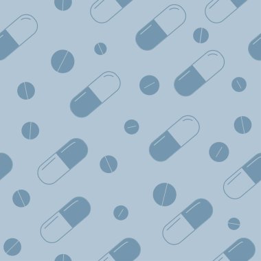 Mavi ve beyaz haplarla kusursuz bir tıbbi düzen. Mavi renkli bir ilaç arkaplanı.