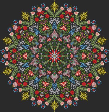 İskandinav yerlisi kar mandala doğası siyah kömürde etnik illüstrasyon