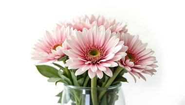 Yeşil yapraklı pembe papatyalar beyaz arkaplandaki şeffaf cam bir vazoda sergileniyor. Dekoratif ve hediye amaçlı taze ve canlı bir çiçek dekoru oluşturuyor..